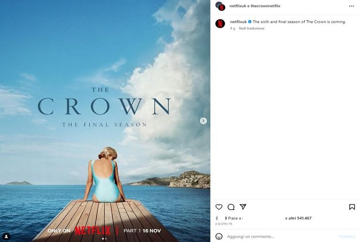 Post dell'annuncio dell'ultima stagione di The Crown (Fonte Instagram @thecrownnetflix) - Cinelol.it 